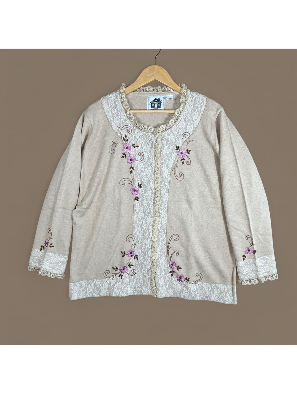 Storybook Knits Tan Floral Embroidered Button Front Lace Cardigan Sweater 1X